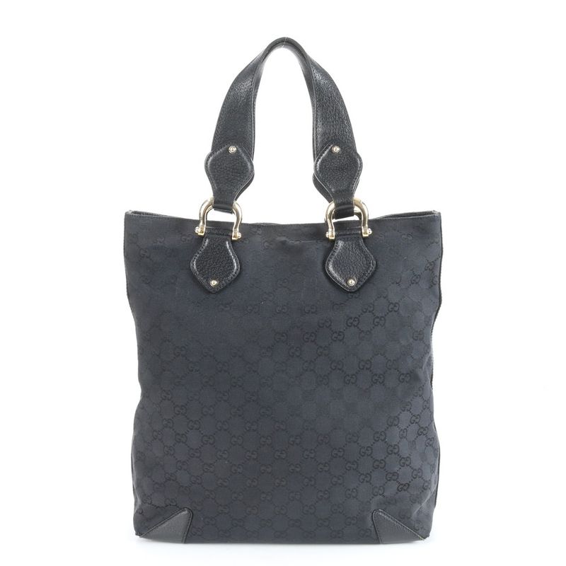 Gucci GG Canvas Leather Tote Bag Shoulder Gold Hardware Black 154372 A4 Women