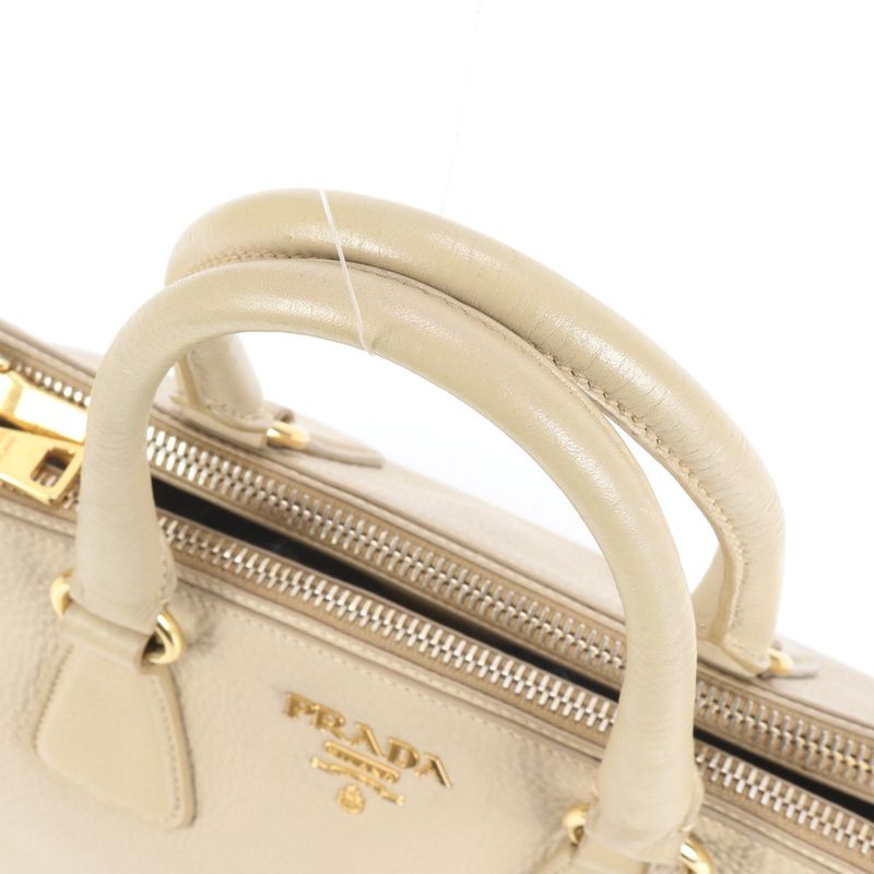 Prada Vittero Dino Leather Tote Bag Shoulder Gold Hardware Beige Women's ERE