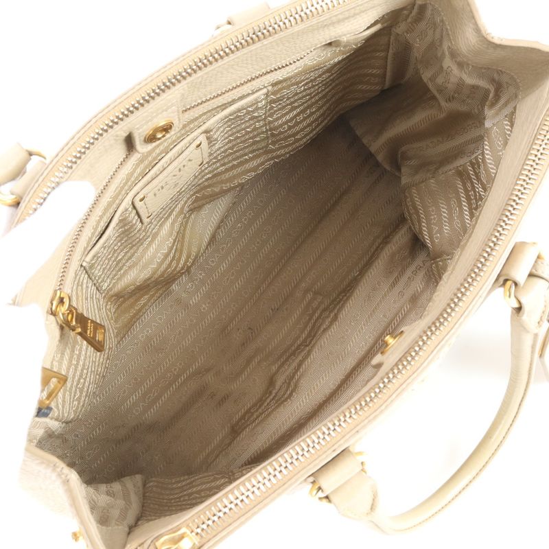 Prada Vittero Dino Leather Tote Bag Shoulder Gold Hardware Beige Women's ERE