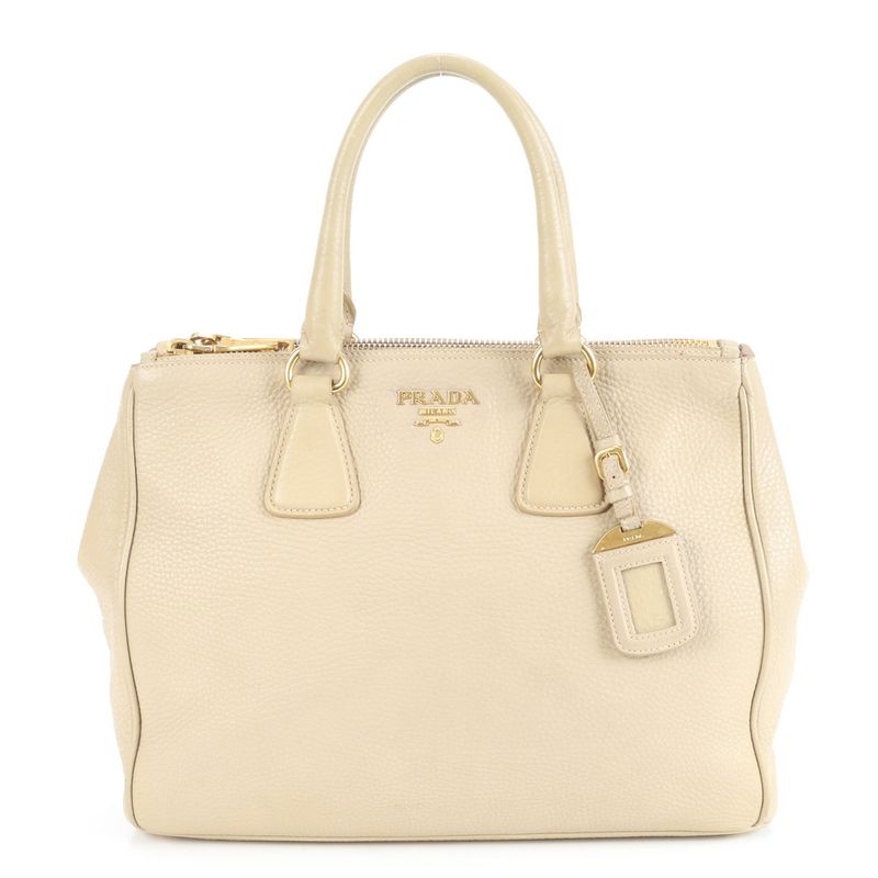 Prada Vittero Dino Leather Tote Bag Shoulder Gold Hardware Beige Women's ERE