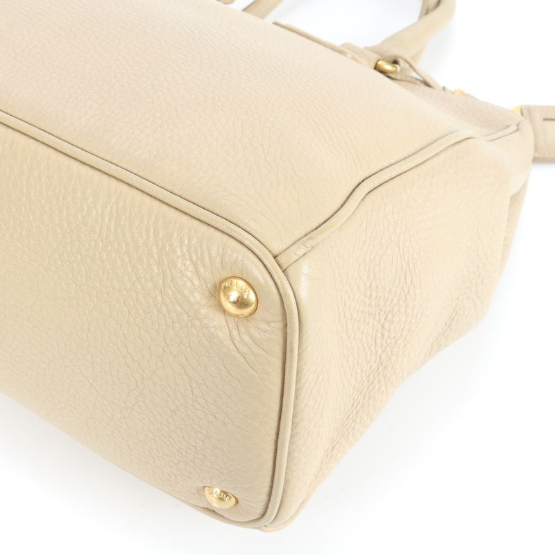 Prada Vittero Dino Leather Tote Bag Shoulder Gold Hardware Beige Women's ERE