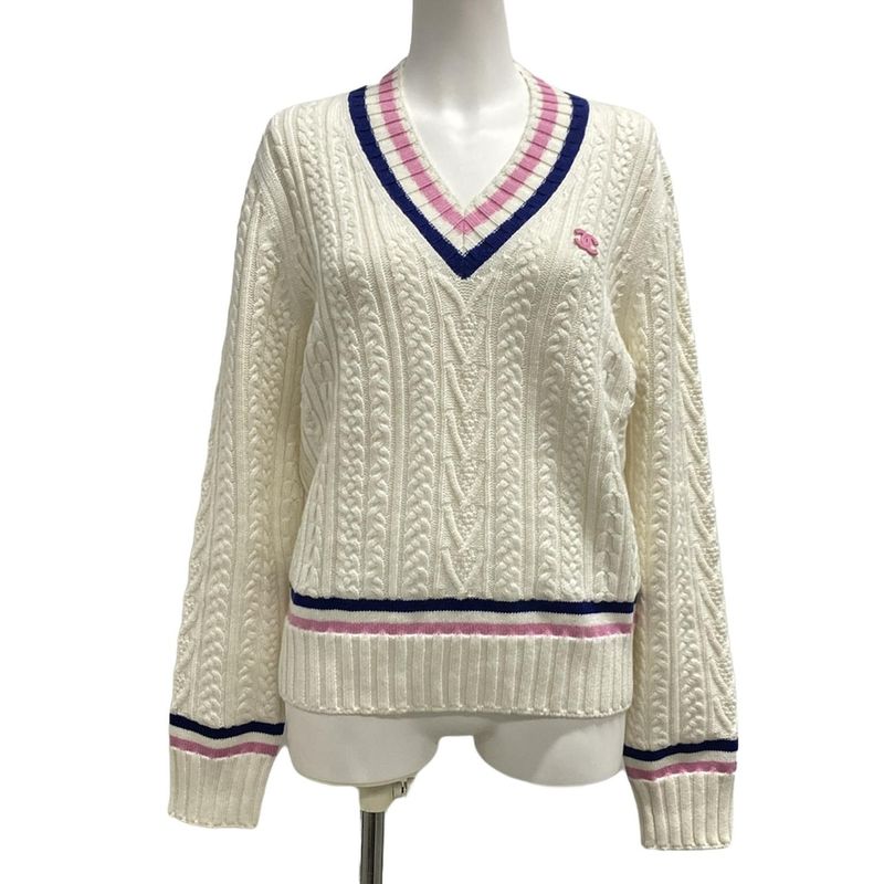 Chanel Long Sleeve Sweater Size 38 M Women - P74550 White X Pink X Navy V-neck