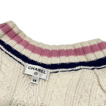 Chanel Long Sleeve Sweater Size 38 M Women - P74550 White X Pink X Navy V-neck