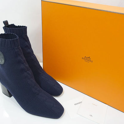 Hermes Shoes Boots Volver 60 Exlibris 37 1 2 Notation Navy Knit Cuff