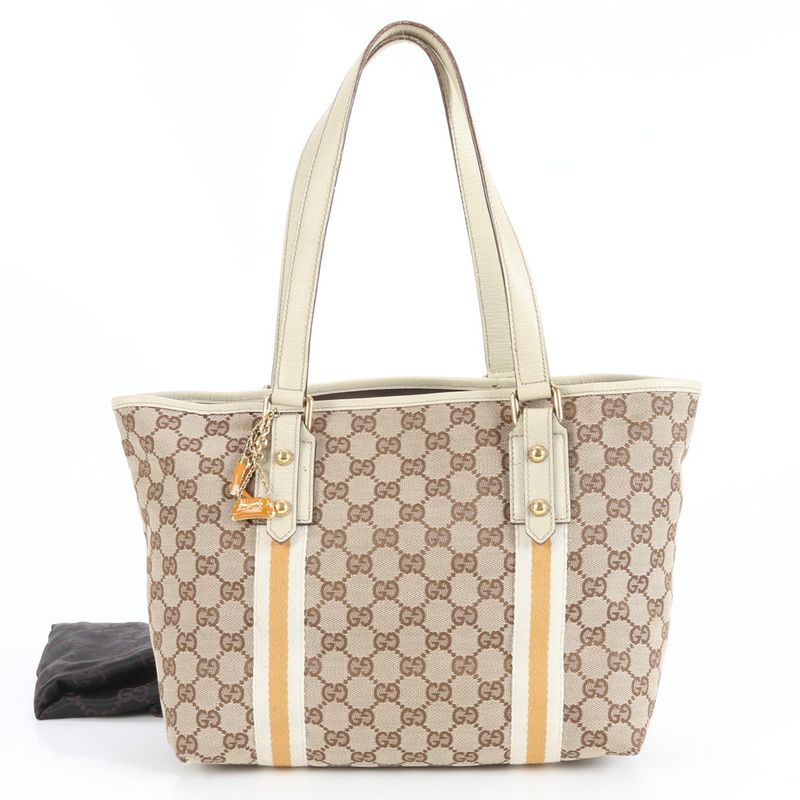 Gucci GG Canvas Charm Leather Tote Bag Shoulder Hand 137396 Gold Hardware