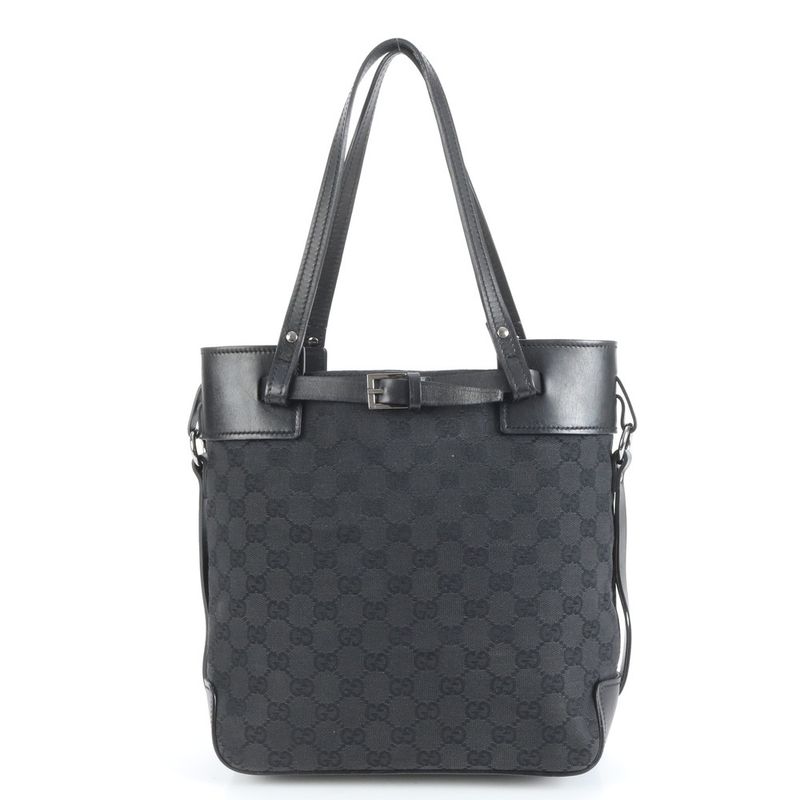 Gucci GG Canvas 107757 Leather Tote Bag Shoulder Black Silver Hardware Women's