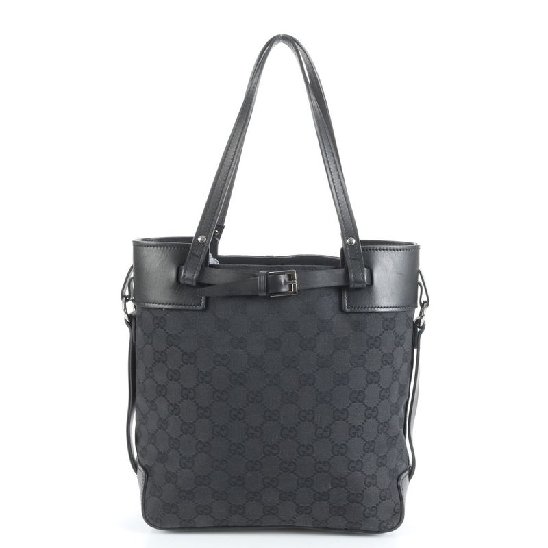 Gucci GG Canvas 107757 Leather Tote Bag Shoulder Black Silver Hardware Women's