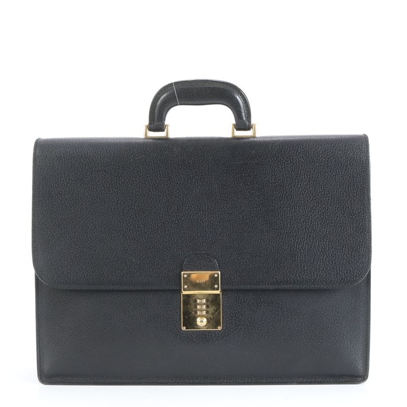 Gucci Leather Business Bag Document Bag Briefcase Tote Commuter Black Gold