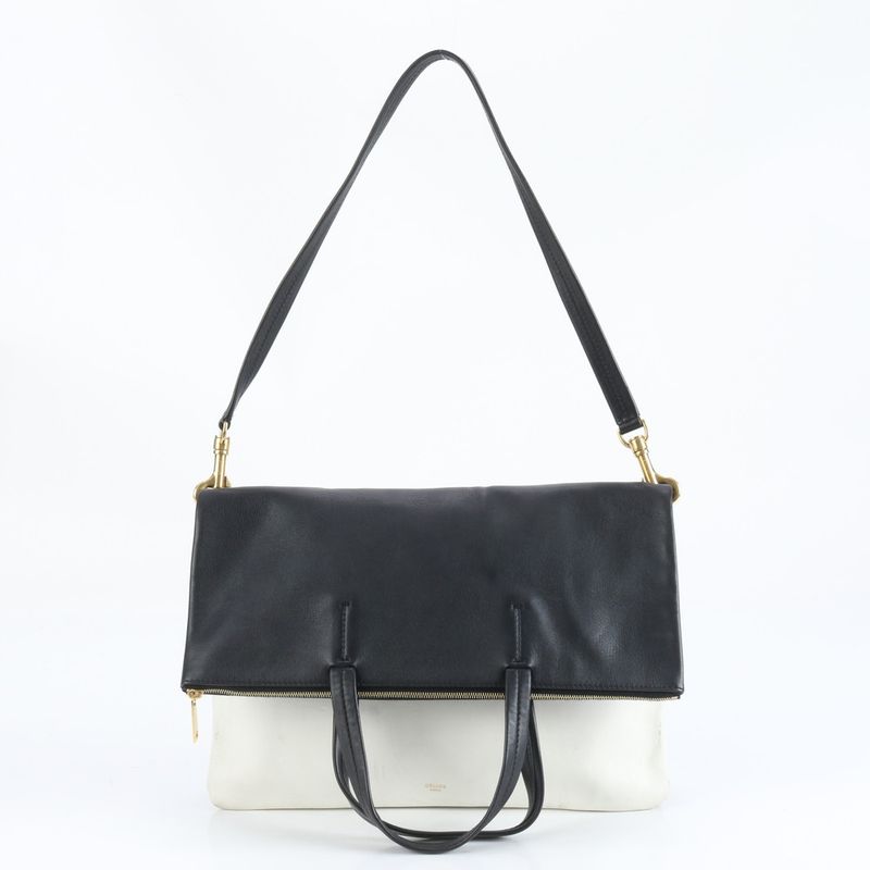 Celine Leather 2WAY Folding Tote Bag Shoulder Clutch Black White A4 Ladies EUE