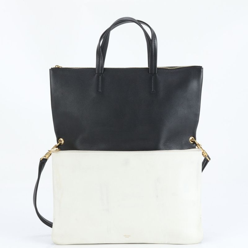 Celine Leather 2WAY Folding Tote Bag Shoulder Clutch Black White A4 Ladies EUE