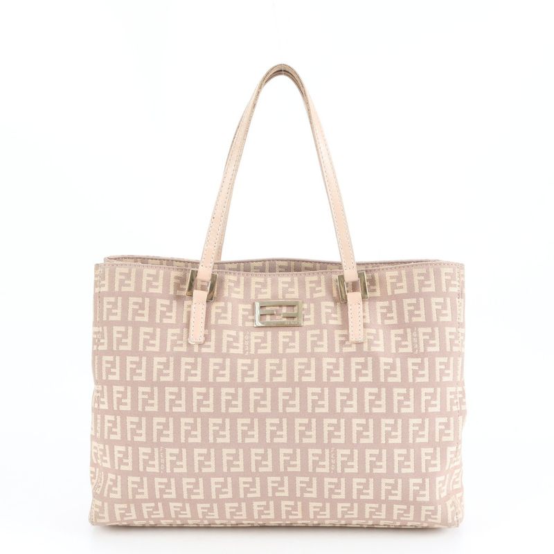 Fendi Zucchino Leather Tote Bag Shoulder Gold Hardware Beige 8bh132 Genuine