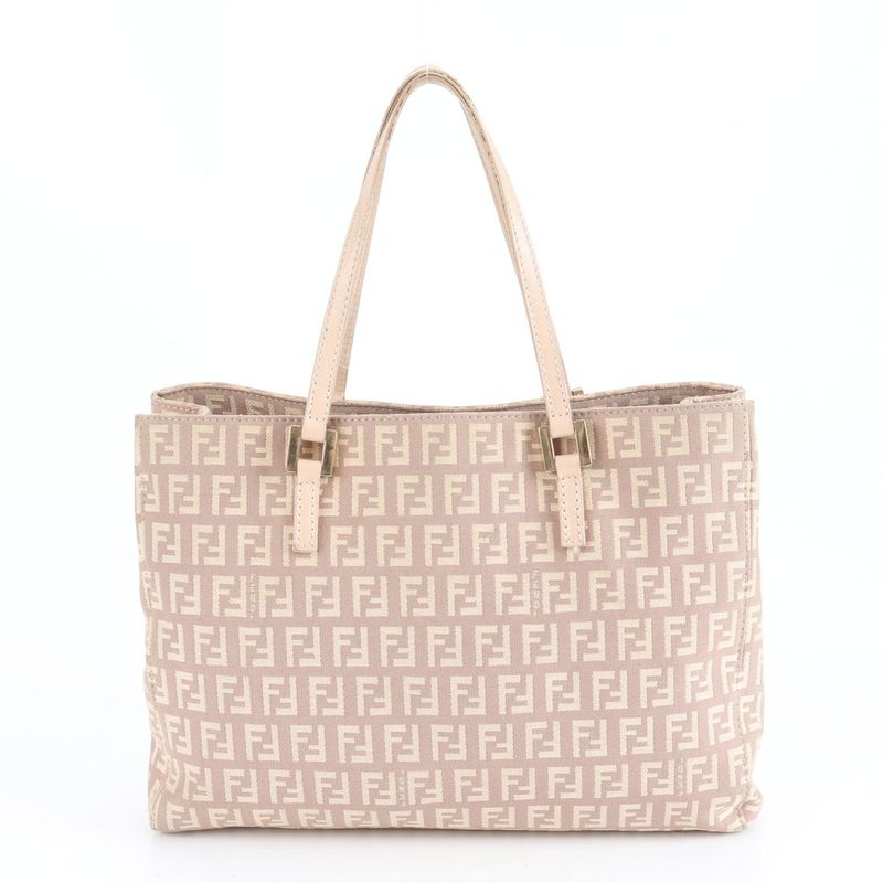 Fendi Zucchino Leather Tote Bag Shoulder Gold Hardware Beige 8bh132 Genuine
