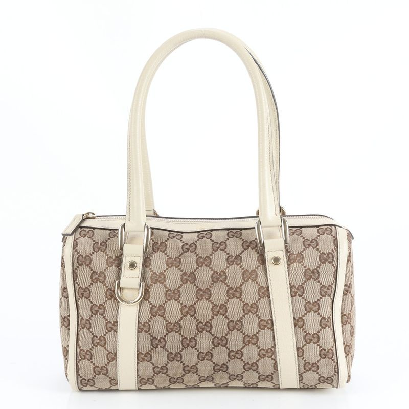 Gucci GG Canvas Abby Leather Handbag Mini Boston Tote 180942 Silver Hardware
