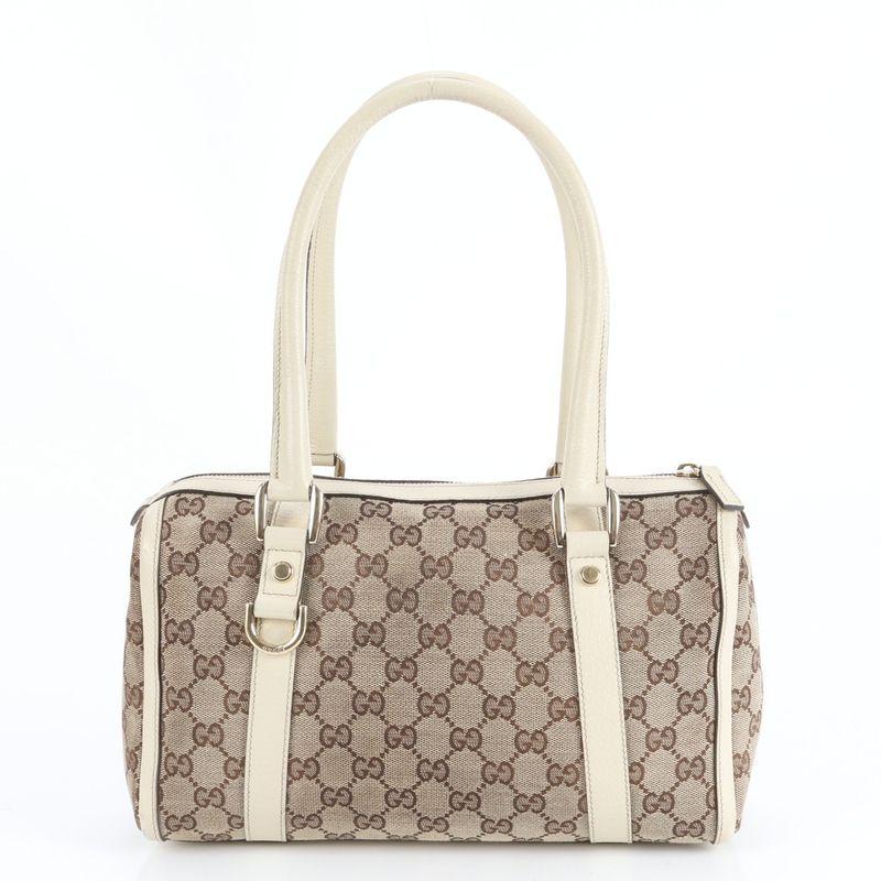 Gucci GG Canvas Abby Leather Handbag Mini Boston Tote 180942 Silver Hardware
