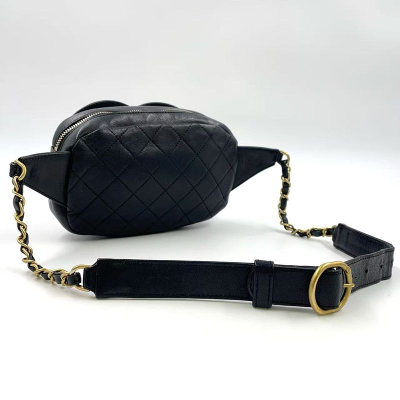 Chanel Coco Mark Waist Pouch Serial No 30 Leather Black Body Bag Gold