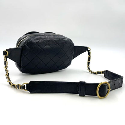 Chanel Coco Mark Waist Pouch Serial No 30 Leather Black Body Bag Gold