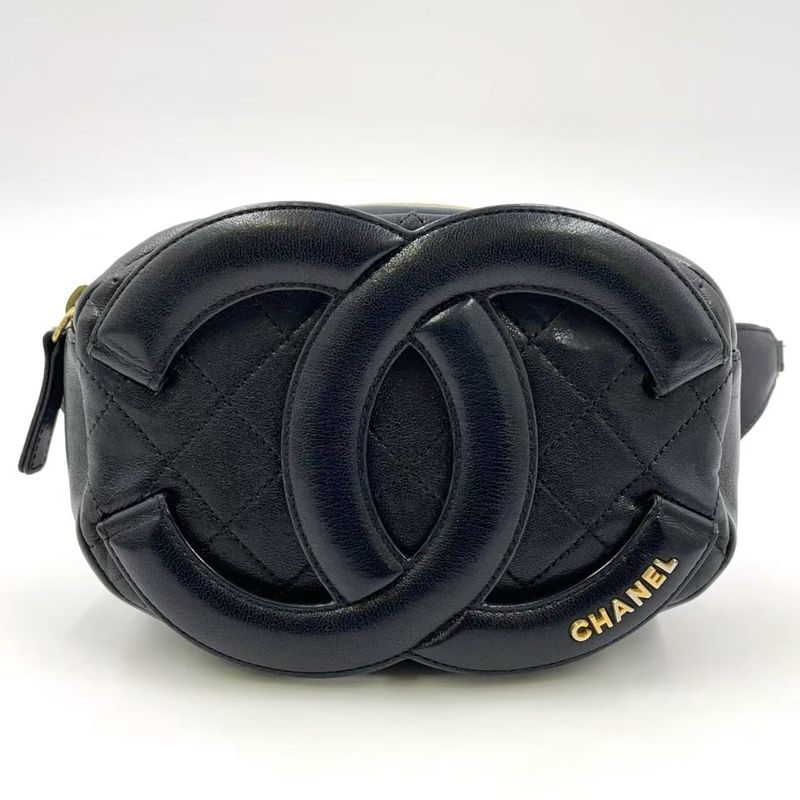Chanel Coco Mark Waist Pouch Serial No 30 Leather Black Body Bag Gold