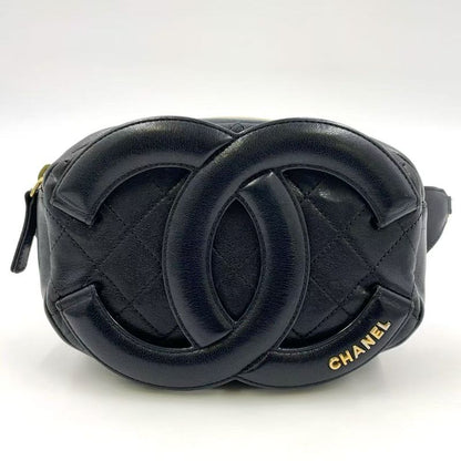 Chanel Coco Mark Waist Pouch Serial No 30 Leather Black Body Bag Gold