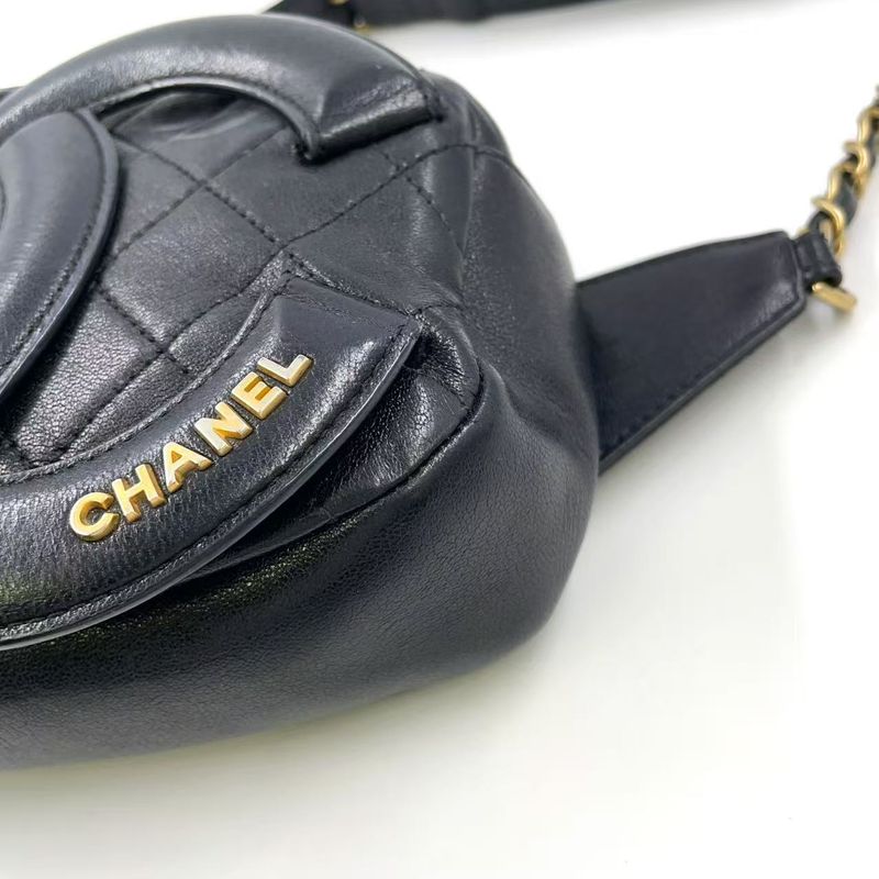 Chanel Coco Mark Waist Pouch Serial No 30 Leather Black Body Bag Gold