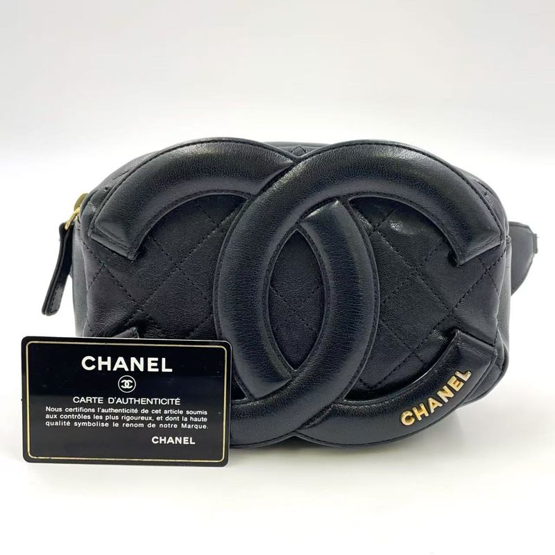 Chanel Coco Mark Waist Pouch Serial No 30 Leather Black Body Bag Gold