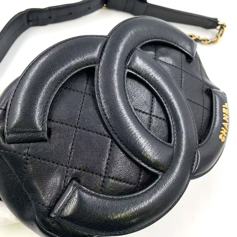 Chanel Coco Mark Waist Pouch Serial No 30 Leather Black Body Bag Gold