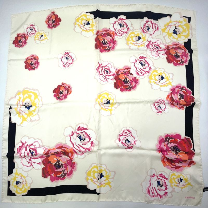 Chanel Camellia-patterned Silk Off-white Scarf