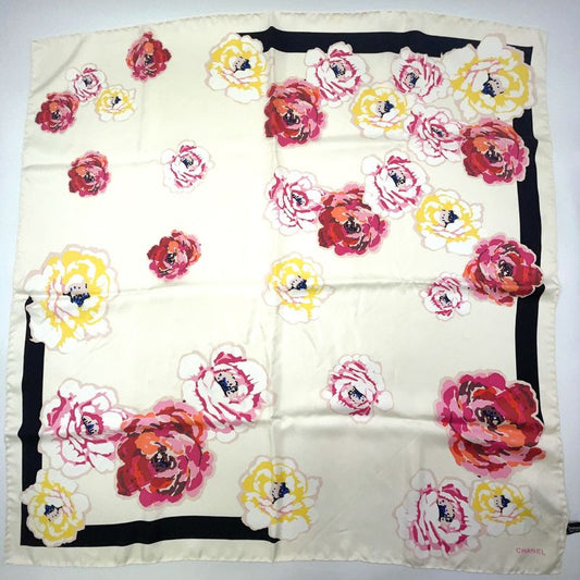 Chanel Camellia-patterned Silk Off-white Scarf