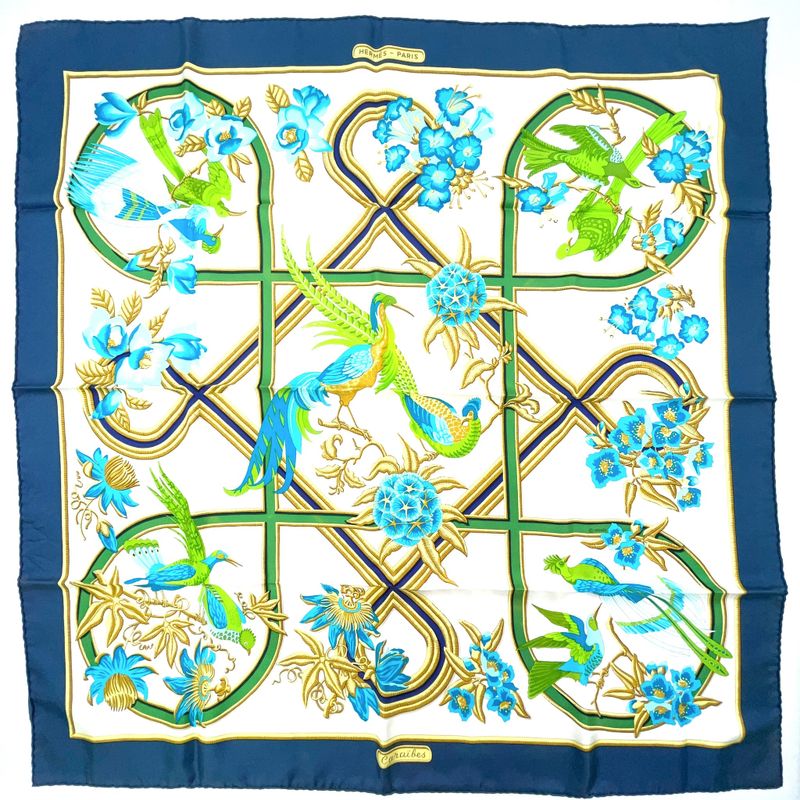 Hermes Carré 90 Caribe Bird Silk Off-white And Navy Scarf