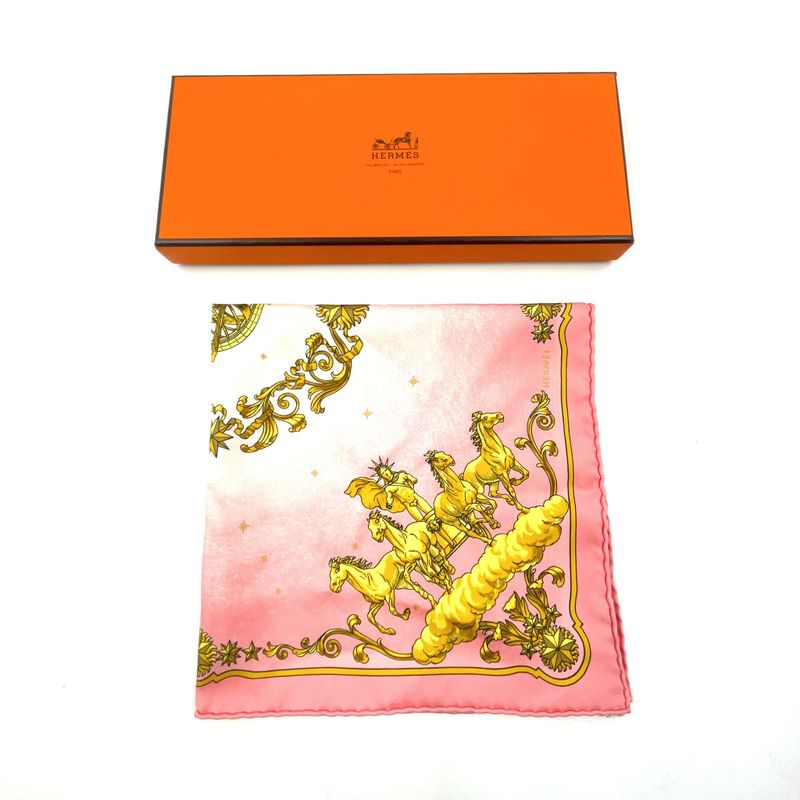 Hermes Mini Carré Petit Carré Carriage-print Silk Pink Scarf