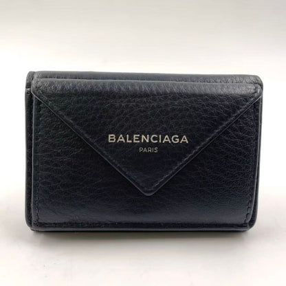 Balenciaga Leather Paper Mini Leather Black Trifold Wallet Silver