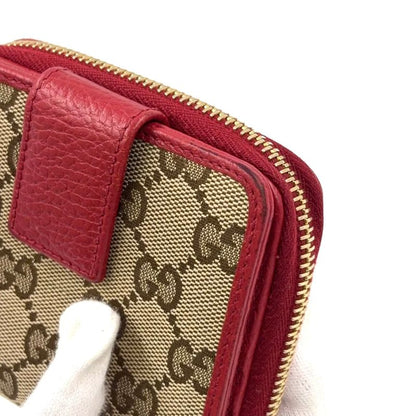 Gucci GG Pattern Compact Zip Fold Leather X Canvas Beige X Red Wallet Gold