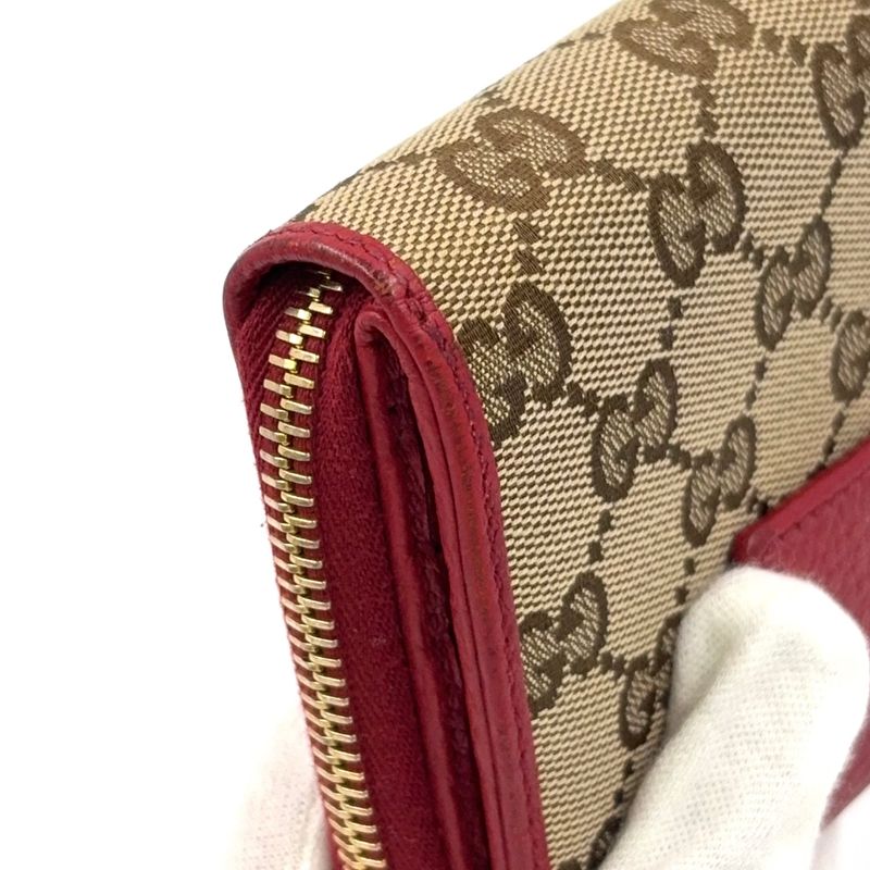 Gucci GG Pattern Compact Zip Fold Leather X Canvas Beige X Red Wallet Gold