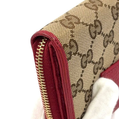Gucci GG Pattern Compact Zip Fold Leather X Canvas Beige X Red Wallet Gold