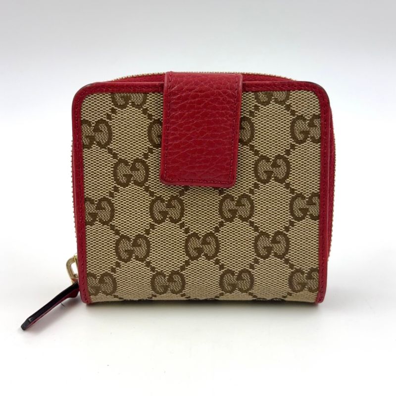 Gucci GG Pattern Compact Zip Fold Leather X Canvas Beige X Red Wallet Gold
