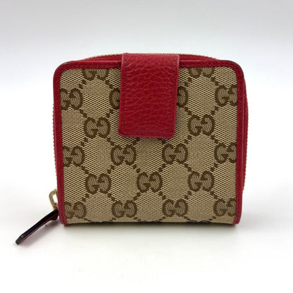 Gucci GG Pattern Compact Zip Fold Leather X Canvas Beige X Red Wallet Gold