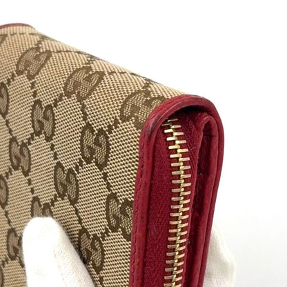 Gucci GG Pattern Compact Zip Fold Leather X Canvas Beige X Red Wallet Gold