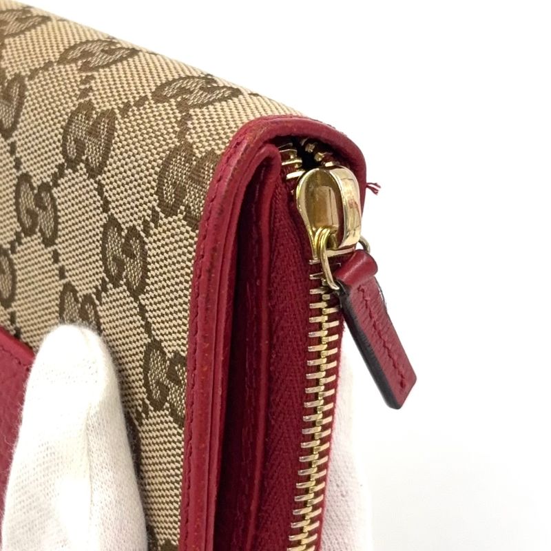 Gucci GG Pattern Compact Zip Fold Leather X Canvas Beige X Red Wallet Gold