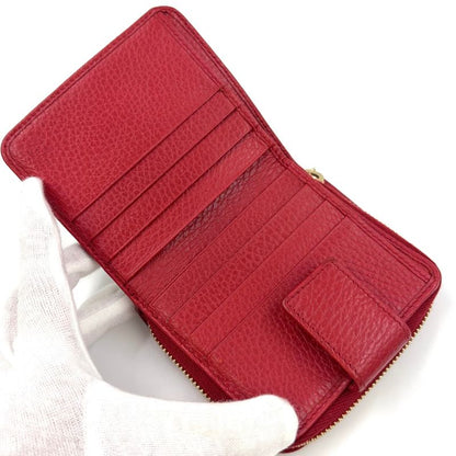 Gucci GG Pattern Compact Zip Fold Leather X Canvas Beige X Red Wallet Gold
