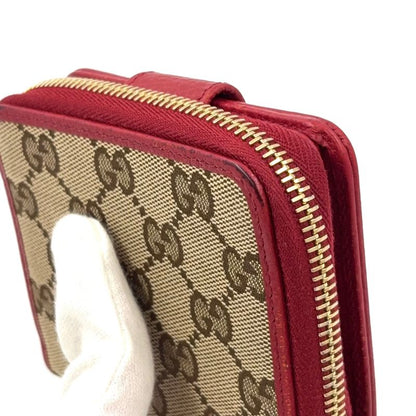 Gucci GG Pattern Compact Zip Fold Leather X Canvas Beige X Red Wallet Gold