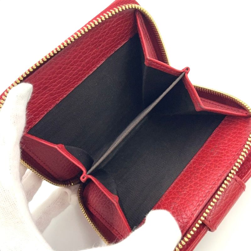 Gucci GG Pattern Compact Zip Fold Leather X Canvas Beige X Red Wallet Gold