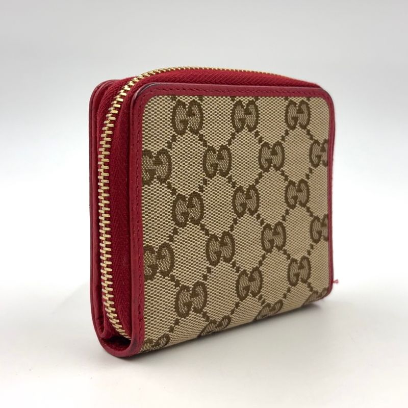 Gucci GG Pattern Compact Zip Fold Leather X Canvas Beige X Red Wallet Gold