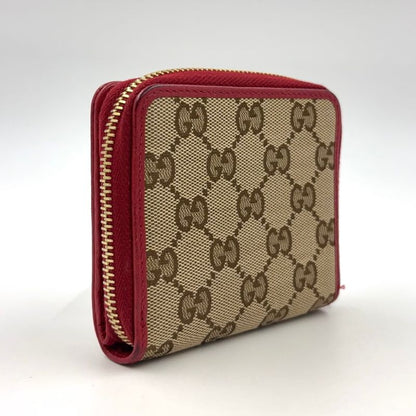 Gucci GG Pattern Compact Zip Fold Leather X Canvas Beige X Red Wallet Gold