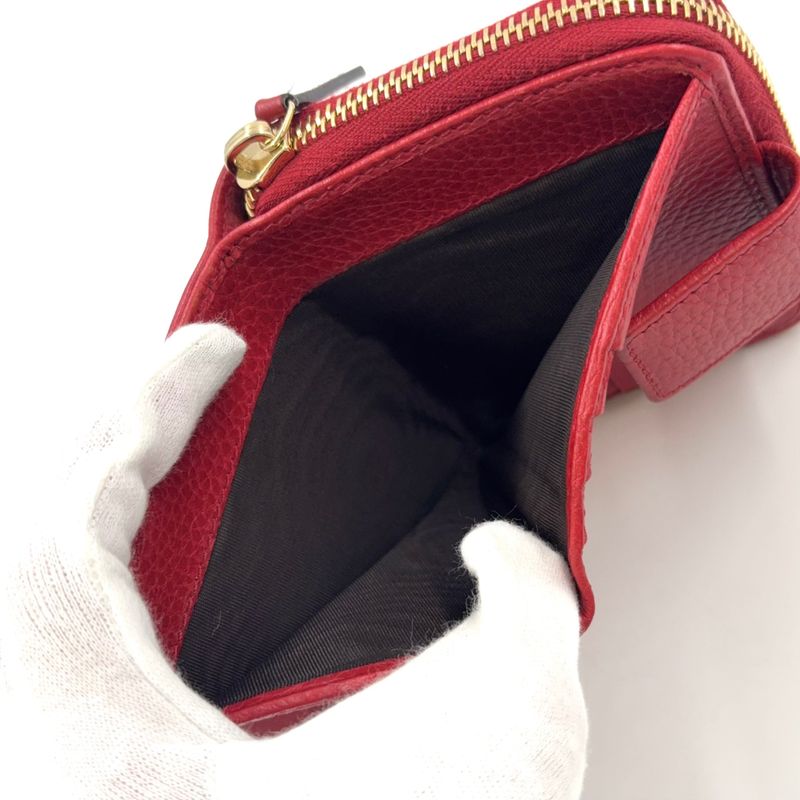 Gucci GG Pattern Compact Zip Fold Leather X Canvas Beige X Red Wallet Gold