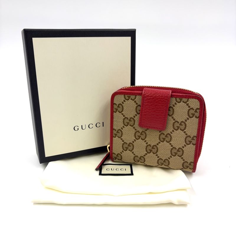 Gucci GG Pattern Compact Zip Fold Leather X Canvas Beige X Red Wallet Gold