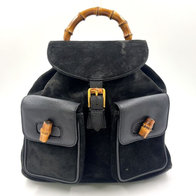 Gucci Bamboo Suede Backpack Sac Leather X Suede Black Backpack Gold 0032 058