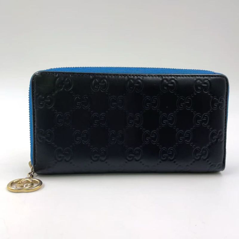 Gucci Shimmer Ggcharm Round Zipper Leather Black And Blue Wallet Gold