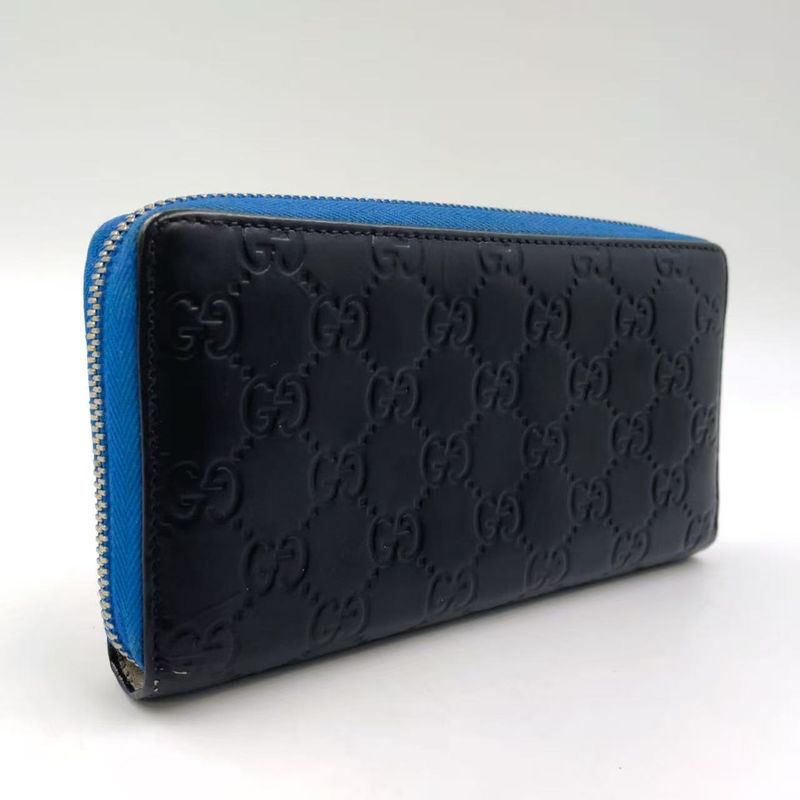 Gucci Shimmer Ggcharm Round Zipper Leather Black And Blue Wallet Gold