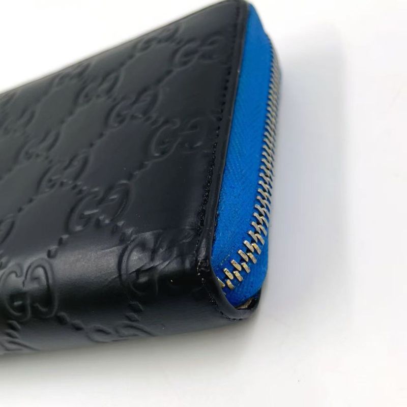 Gucci Shimmer Ggcharm Round Zipper Leather Black And Blue Wallet Gold