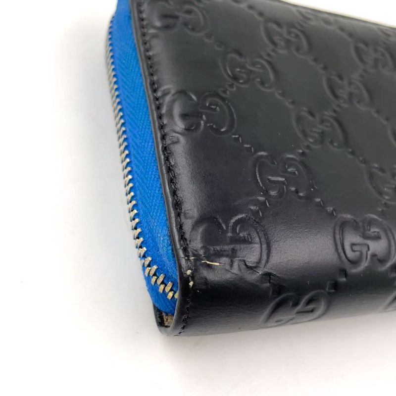 Gucci Shimmer Ggcharm Round Zipper Leather Black And Blue Wallet Gold