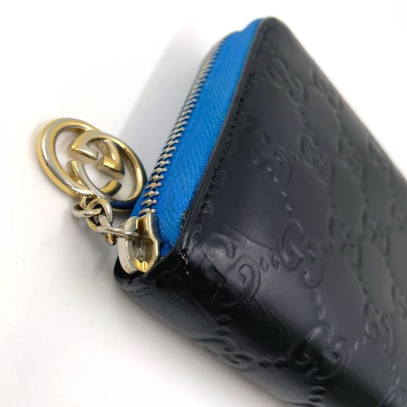 Gucci Shimmer Ggcharm Round Zipper Leather Black And Blue Wallet Gold